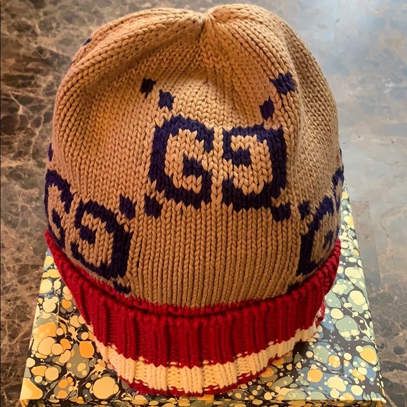 Gucci GG Monogram Dark Beige Red Cotton Beenie - Picture 6 of 12